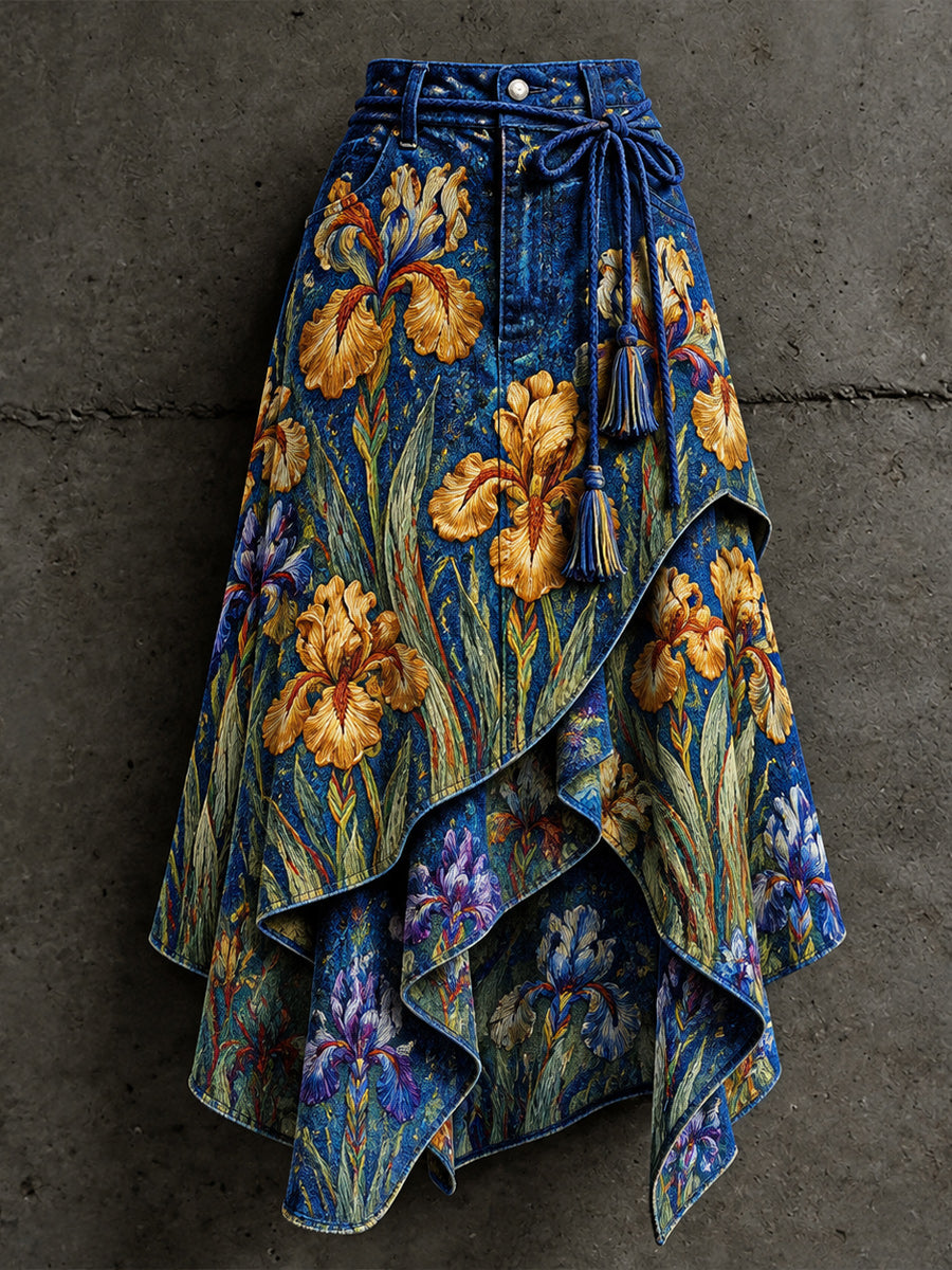 Women's Retro Style Art Print Irregularly Layered Stitched Skirt